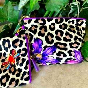 NWOT Estee Lauder 2-pc faux fur leopard makeup bag